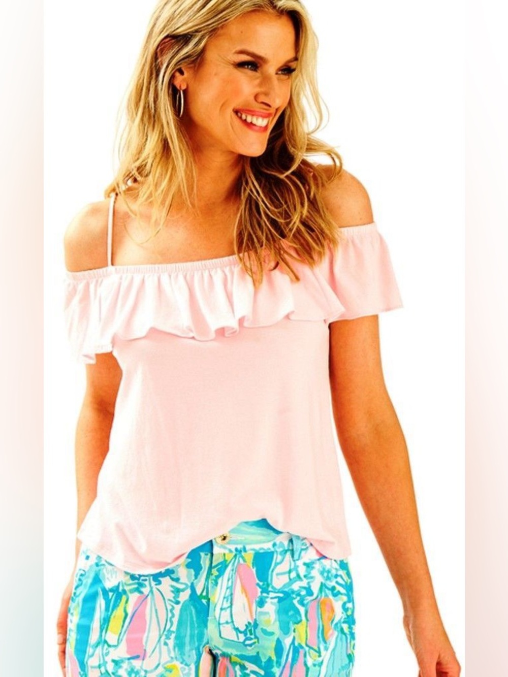 Lilly Pulitzer Pink Off The Shoulder Women’s Ruffle Top Blouse Casual Size Small
